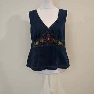 A-List Denim Tank Top Womens 1X Y2K Embroidered Boho V Neck Stretch
